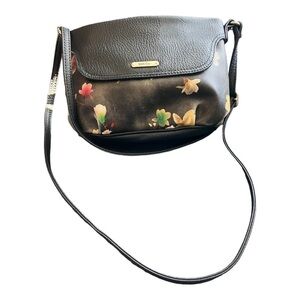 MULTI-SAC Black Green & Floral Rounded Crossbody Bag EUC 8 H, 10.5 L, 3 inches